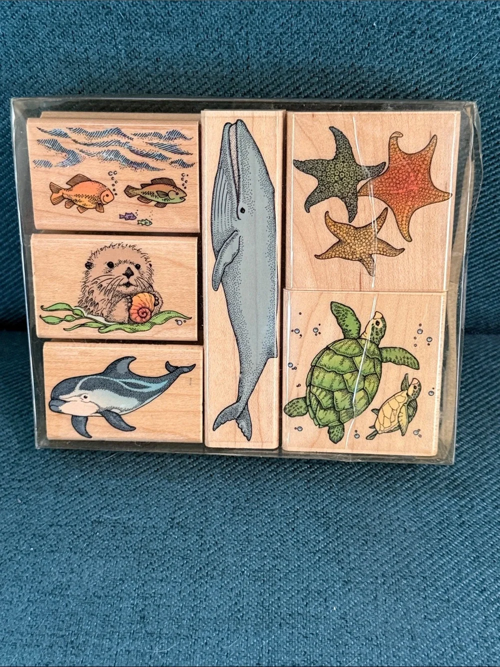 Hero Arts Ocean Animals Wooden Rubber Stamp Set — Whale, Turtle, Dolphin, Otter